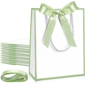 Silkfly 12 Pcs Wedding Paper Gift Bags with Handle 9x7x3.15'' Thank You Gifts Bags with Ribbon Bow Bridal Shower Gifts for Baby Shower Graduation Holiday Birthday Party Supplies (White,Sage Green)