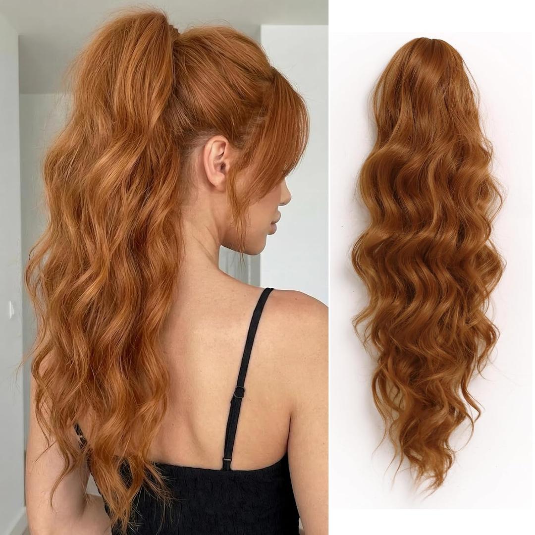 24 Inch Claw Clip Ponytail Extension for Women Long Wavy Synthetic Pony Tails Hair Extensions Drawstring Fake Hair Piece Natural Looking Fluffy Clip on Pony Tail Wig Ginger Copper