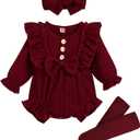 GRNSHTS Newborn Baby Girl Clothes Ruffle Solid Sweater Long Sleeve Romper+Hairband+Socks 3Pcs Fall Winter Outfits (0-3 Months, Wine Red)