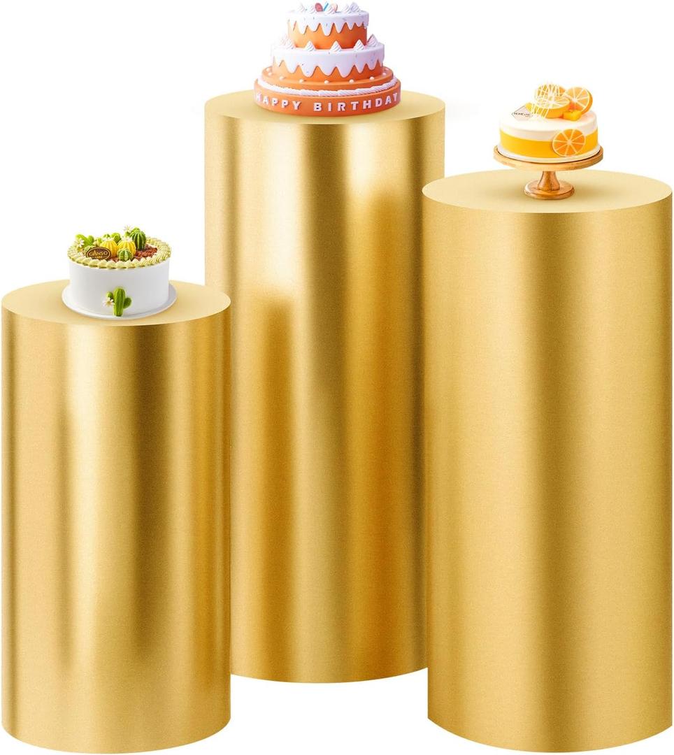 SaitiMade Set of 3 - Gold Cylinder Pedestal Stand Covers, Flexible Cylinder Stand Covers for Party, Wedding or Birthday Event Decor - Only Contains Cylinder Covers
