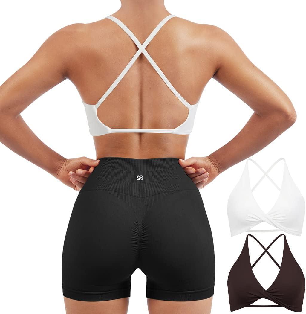 SUUKSESS Women 2 Piece Open Back Strappy Sports Bra Pack Twist V Neck Workout Crops (Medium, #2 White & Dark Brown)