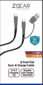 ZGear 6 Foot Flat Sync & Charge Cable For USB C To USB A