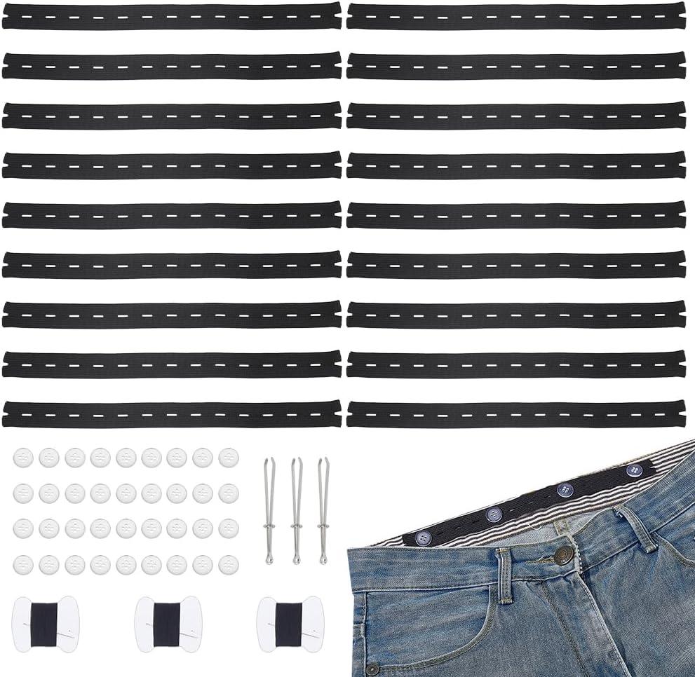 PH PandaHall 18pcs Black Pant Waist Tightener 20mm Wide Elastic Waist Button Kits Adjustable Elastic Sewing Bands with 12 Buttons Waist Tightener Tool for DIY Waistband Pant Craft, 10 Inch