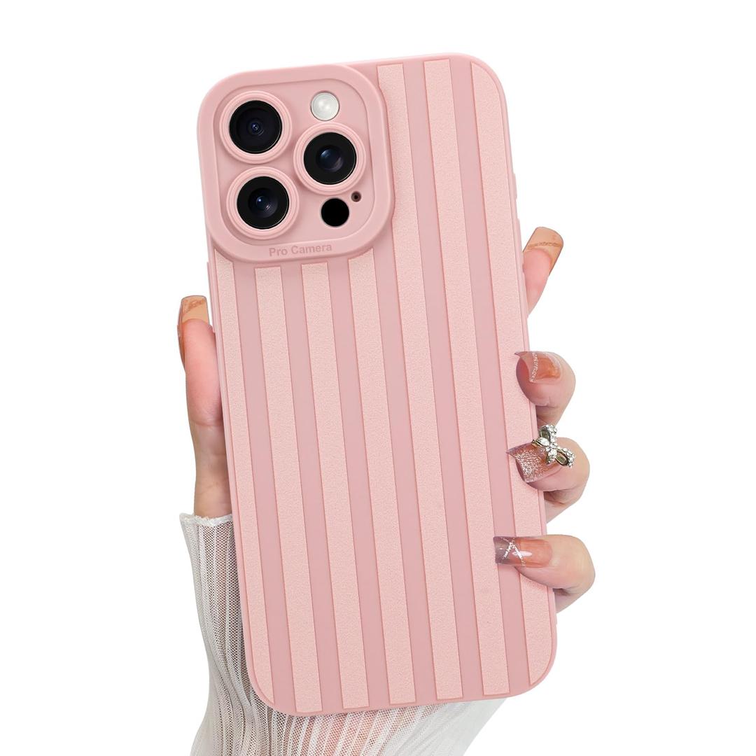 KANGHAR Compatible with iPhone 15 Pro Case, Silicone Striped Cute Pattern, Camera Protection Soft Slim Phone Case for Girls Women -Soft Pink