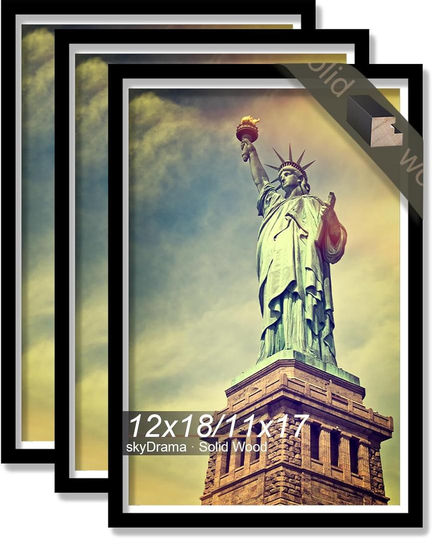 100% Solid Wood 12x18 Picture Frame Set of 3, Black Frame Display Photo 11x17 with Mat or 12 x 18 without Mat, 12by18 HQ Matte Black Frame for Wall - 3 Pack/Black/12 x18
