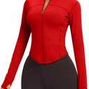 AVGO Women's Cropped Running Workout Jackets Zip Slim Fit Athletic Tops with Thumb Holes (X-Large, Red)
