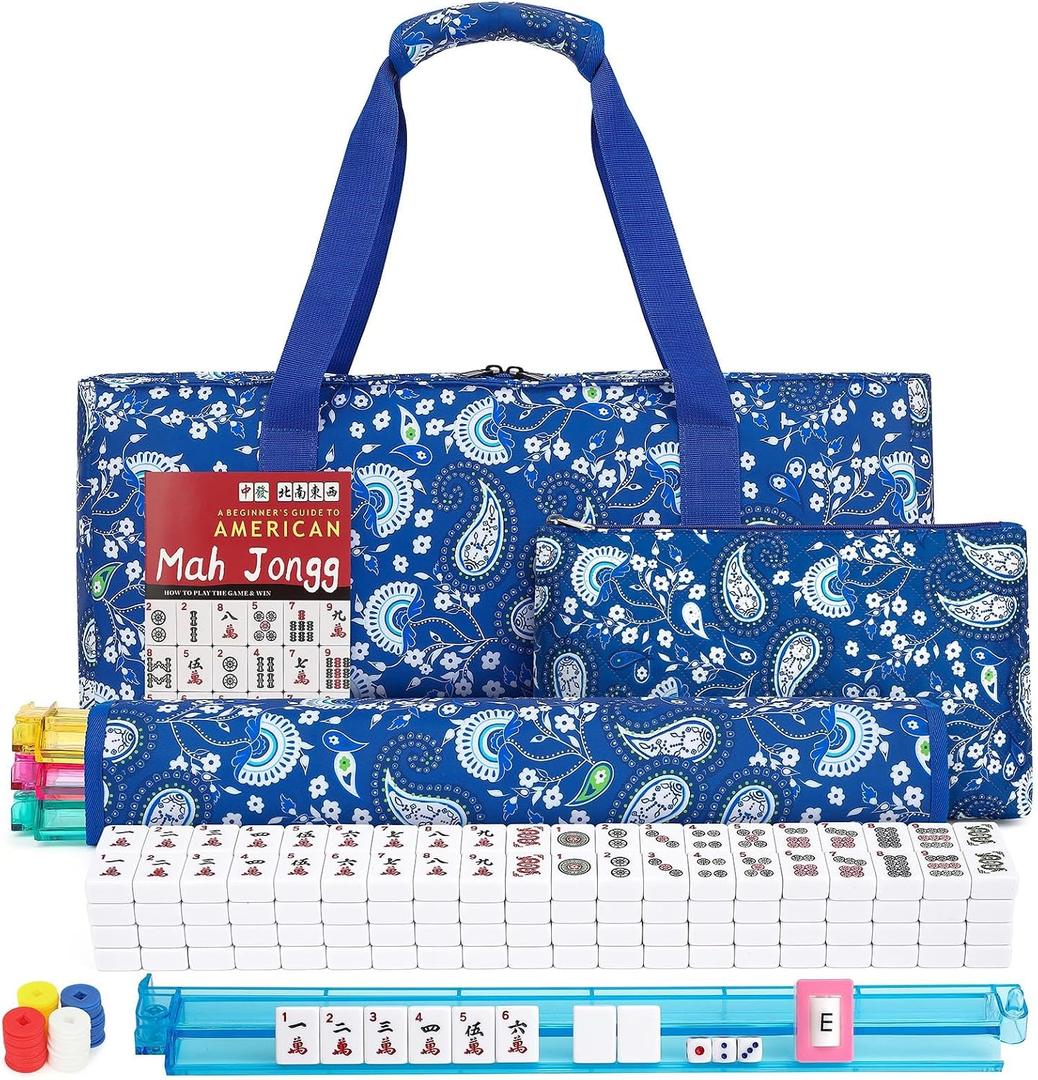 American Mahjong Set, 166 White Mahjong Tile Set, 4 Colors Racks with Blue Flower Carrying Bag, Standard