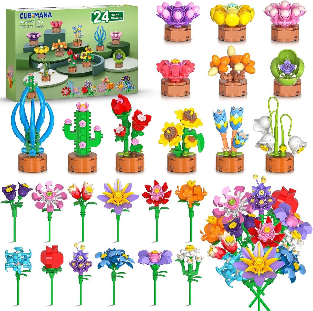 24 Pack Flowers Party Favors for Kids Building Set - 827PCS Succulents 3.6MM Mini Building Blocks Toy for Easter Basket Stuffers, Classroom Prizes, Mother's Day Birthday Gift for Girl Boy Ages 6+