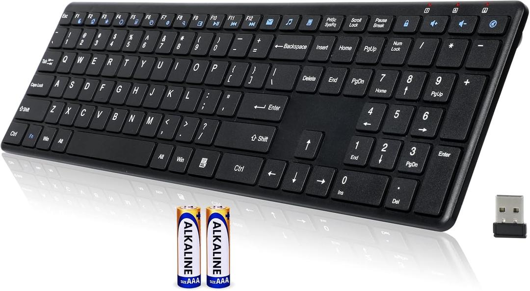 Wireless Keyboard-2.4G USB Ultra Slim Quiet Full Size Matte PC Computer Keyboard,19 Multimedia Keys,Number Pad,Plug&Play,Lag-Free Ergo,Long Battery Life for Desktop,Laptop,Smart TV,MAC,Windows,QWERTY