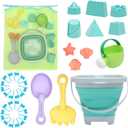 Beach Toys Sand Set for Kids, Collapsible Bucket and Shovels with Mesh Bag, Molds, Flags, Sandbox Kids Toddlers, Travel (Tavel Size)