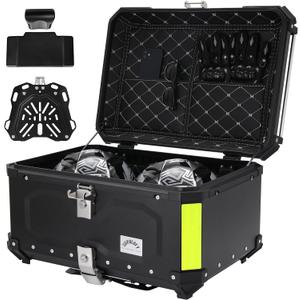 Motorcycle Top Case, 65L Aluminum Motorcycle Top Box with Anti-Theft Lock System, Waterproof, Dustproof, Easy Installation with Universal Bracket, Back Cushion Included, Black, GBTC-65BL