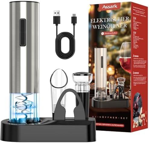 Electric Wine Opener,Rechargeable Automatic Wine Opener Corkscrew Opener Set With Wine Stopper, Foil Cutter, Wine Aerator,Storage Base & USB-C Cable Christmas Gifts for Wine Lovers