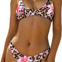 ZAFUL Women's Tie Back Padded High Cut Bralette Bikini Set Two Piece Swimsuit (Medium, Floral Leopard)