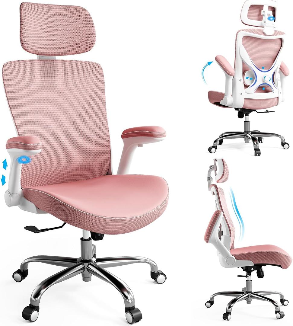 Ergalithic Office Home Ergonomic Desk Chair-Computer X-Shaped Chair Mesh PU Leather with Adjustable Lumbar Support-Executive Chair High Back with Headrest Flip-Up Arms for Long Hours (Dark Pink), 24.8 inches W x 25.6 inches D x 45.2-49.2 inches H