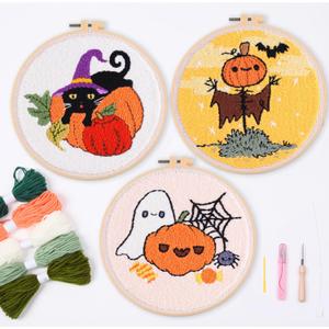 Harimauu Harimau 3P Punch Needle Embroidery Starter Kits for Beginner Kids,Punch Needle Fabric with Pattern,Threader, Yarns,Pinch Needle, Embroidery Hoops & Rug Punch (Yellow)