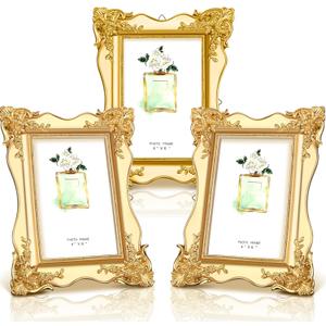 GlikCeil 3 Pcs 4 x 6 Vintage Picture Frame Trim Antique Ornate Resin Photo Frame with Easel and Hook for Tabletop Wall Art Decor Display Home Office (Gold)