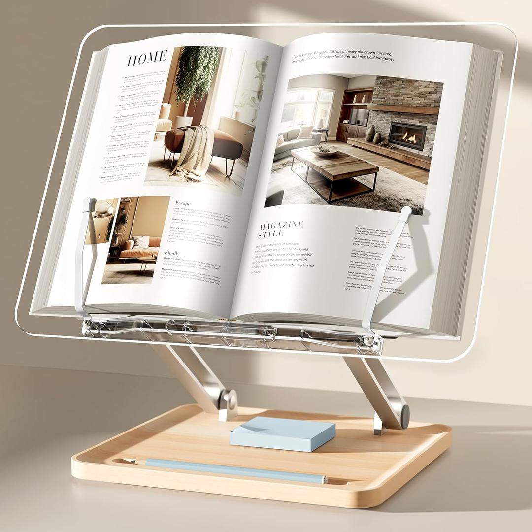 Adjustable Acrylic Book Stand for Reading, Book Holder with Pen Slot, Foldable Desktop Riser for Laptop, Recipe, Textbook - Hands-Free,Cookbook Stand, Clear Design with Page Clips (Clear Acrylic)