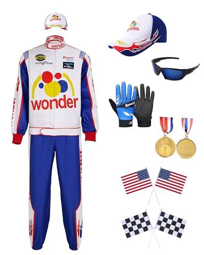 Adult Men Characters Costumes in Talladega Nights Racing Jacket Outfits with Hat Sunglasses Gloves and Flags Talladega Nights Jacket Men Race Car Driver Big and Tall Costume for Halloween photograph XXL