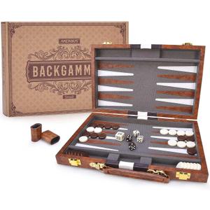 AMEROUS Backgammon Set, 11 Inches Classic Board Game withLeather Case, Folding Board, Gift Package, Portable Travel Strategy Backgammon Game Set for Adults, Kids (Small, Brown)