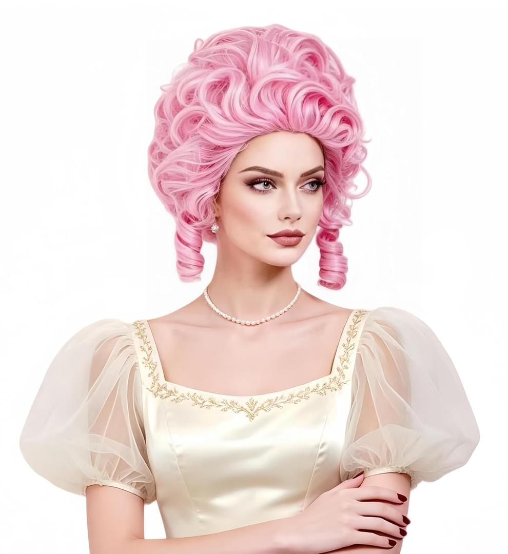 Rugelyss Short Wavy Curly Pink Wig Big Bouffant Beehive Wigs for Women fits 70s 80s Costume or Halloween Vintage Cosplay Party