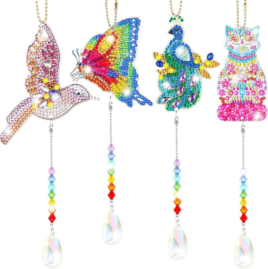 Queekay 4 Pieces Diamond Painting Sun Catcher Tree Ornament DIY Wind Chime Kit Hanging Double Sided Hummingbird Butterfly Cat Peacock Shape Crystal Art Ornament forGarden Decoration