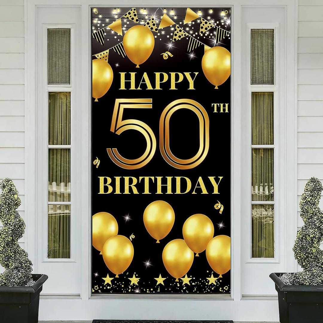 Vicycaty 50th Birthday Decorations for Men & Women, Fabric Happy 50th Birthday Banner Backdrop, 50 Year Old Party Photo Props, Yard Sign, Welcome Door Decor Supplies, Black Gold, Indoor Outdoor Use