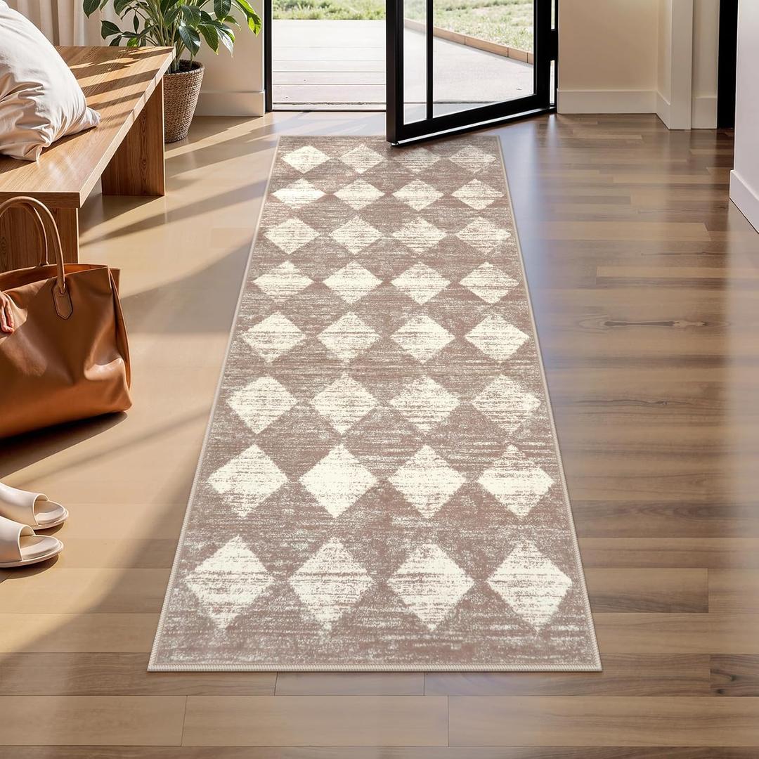 Lahome Machine Washable Long Bathroom Rugs Runner, 2x5 Non Slip Entryway Rugs Indoor Kitchen Runner Rug, Moroccan Trellis Non Skid Laundry Room Carpet Runners for Bedside Entrance Living Room, Beige