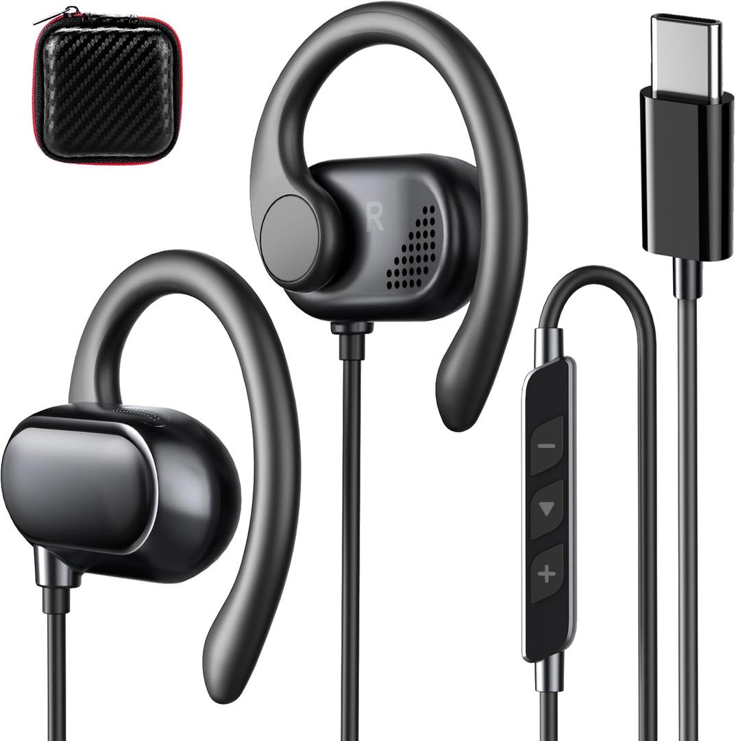 USB C Earbuds Wired Open Ear Headphones for iPhone 17 16 Pro 16e 15/Samsung S26 S25 Ultra S24 S23,Over Ear Earbuds with Ear Hooks&Microphone C Plug Sports Corded Headset for iPad 10 11/Android Running
