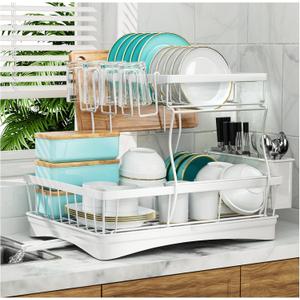 Large Dish Drying Rack, 2-Tier Dish Racks for Kitchen Counter, Detachable Large Capacity Dish Drainer Organizer with Utensil Holder, Dish Drying Rack with Drain Board, White
