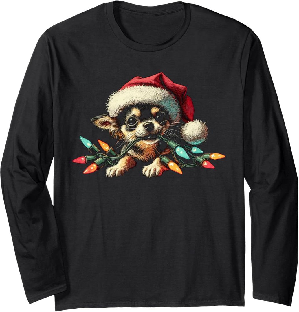 Chihuahua Chew Christmas Light Cord Cute Xmas Holiday Funny Long Sleeve T-Shirt