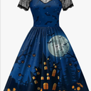Women Halloween Party Costume Vintage Swing Lace Short Sleeve Witch Dress Size M