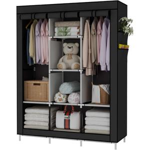UDEAR Portable Wardrobe Closet Clothes Organizer Non-Woven Fabric Cover with 6 Storage Shelves, 2 Hanging Sections and 4 Side PocketsBlack