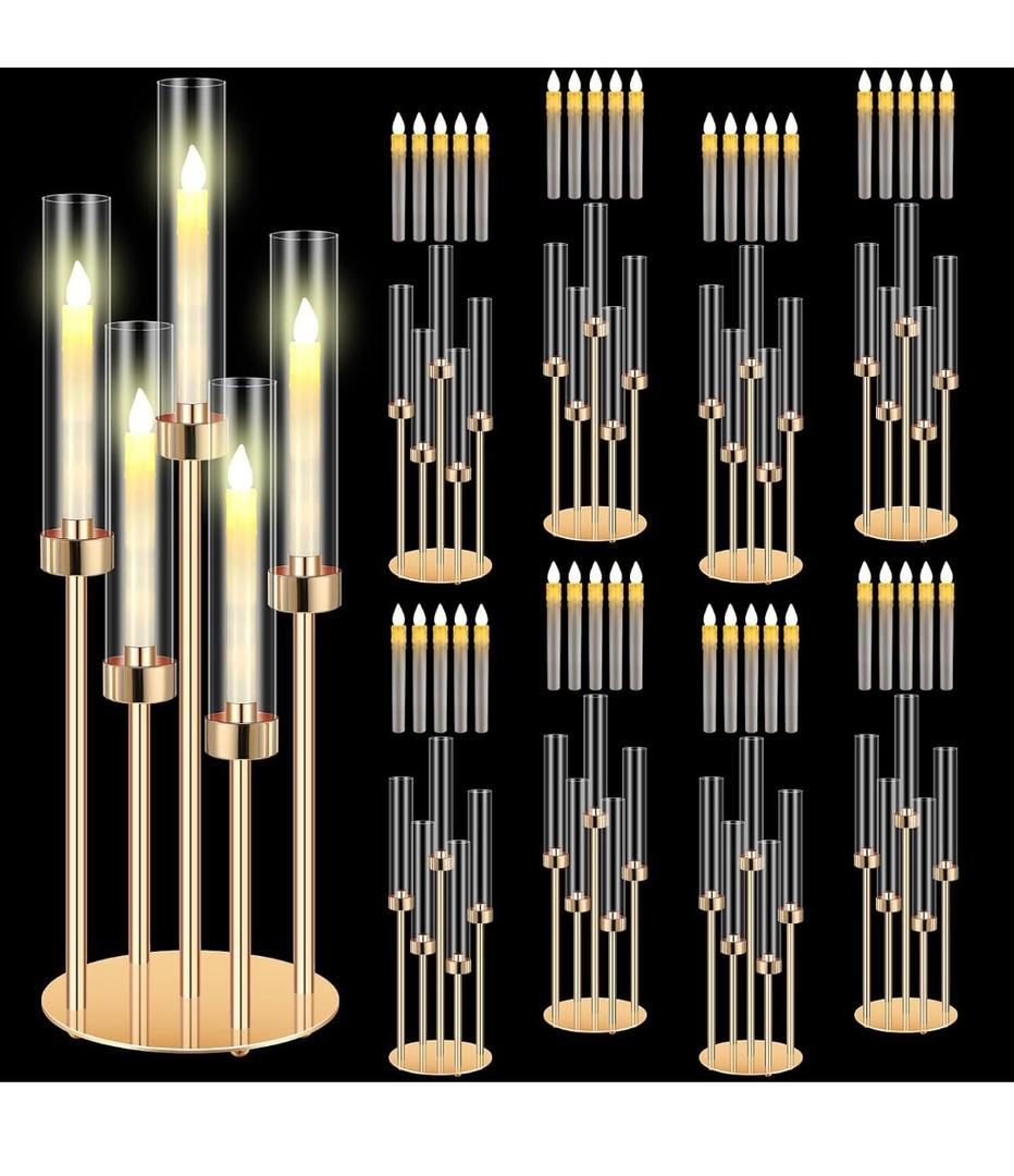 Tandefio 8 Set 5 Arm Gold Candelabra Table Centerpiece with LED Candle, 26.8" Tall Acrylic Cylinder Candle Holder with Lampshades Fit 0.8 for Wedding, Anniversaries, Dinner, Party, Easter, Home Decor