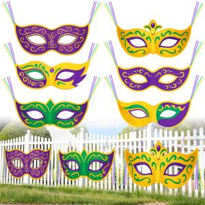 6 Pcs Mardi Gras Mask Banner Decorations Outdoor Large Mardi Gras Porch Sign Hanging Purple Green Gold Mask Door Banner for Party Indoor Outdoor Wall Front Door Fence Background Decor