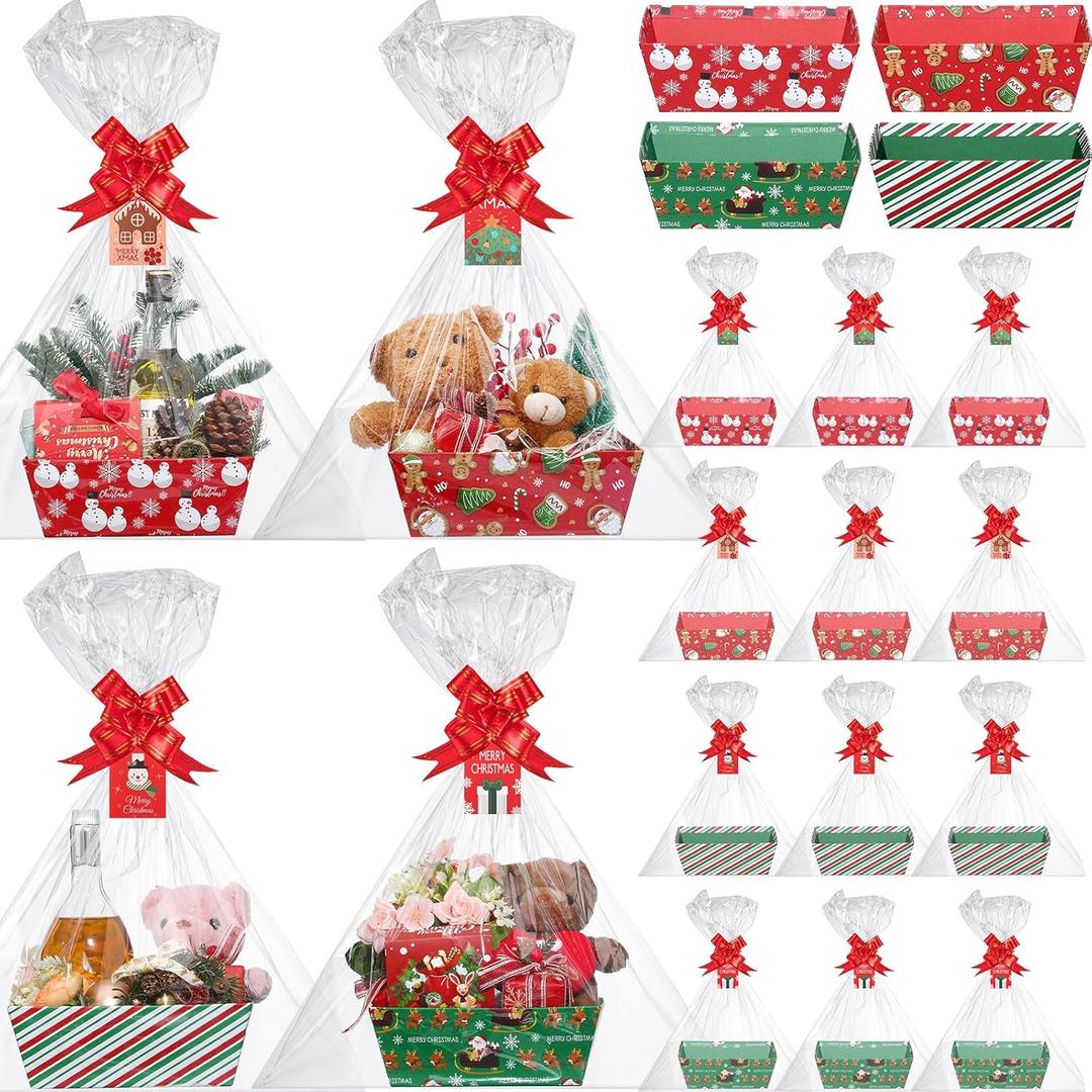Cholemy 12 Sets Large Christmas Basket for Gift Empty Gift Basket Kit Presents Bags Empty to Fill with Handles Wine Bags Kraft Cardboard Tray for Christmas Birthday Party(Green, Snowman)