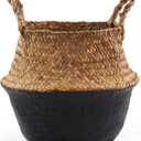 Woven Seagrass Belly Basket for Storage, Laundry, Picnic, Plant Pot Cover, and Grocery and Toy Storage (Black, Large)