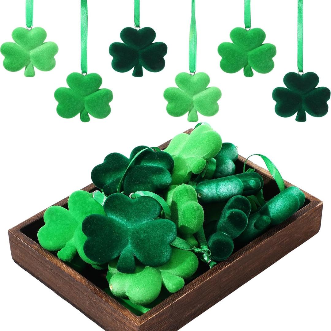 Gerrii 24 Pack St Patrick's Day Shamrock Ornaments for Tree 2.56 Inch Velvet Clover Decorations Lucky Green Irish Trefoil Hanging Bauble for Saint Patricks Day Table Shelf Decor