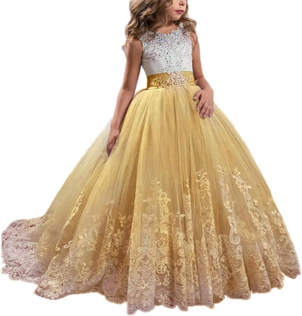 Princess Lilac Long Girls Pageant Dresses Kids Prom Puffy Tulle Ball Gown (6, Gold)