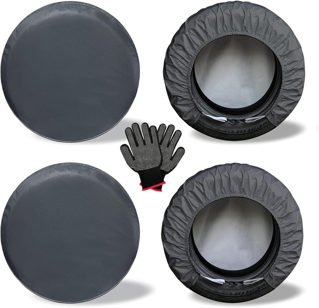 Heavy Duty Rv Tire Covers Set of 4, Tough Waterproof Wheel Covers for Boat Trailer Camper Truck Motorhome Van SUV Jeep Car, Sun Rain Wheel Protecter, 27-29 Inch Tire Diameter, Gloves