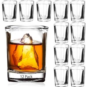 Ruckae Pack of 12 2 OZ Shot Glasses Set Clear Shot Glasses Bulk with Heavy Base Bar Square Glass Shot Cups for Vodka Tequila Whiskey Liquor (Transparent)