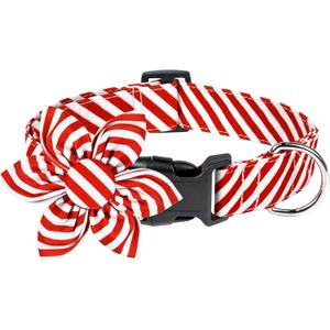 Malier Christmas Dog Collar with Flower, Red Dog Christmas Collar with Buckle Adjustable Cotton Collar for Small Medium Large Dogs Puppy (Red Stripe, Small)