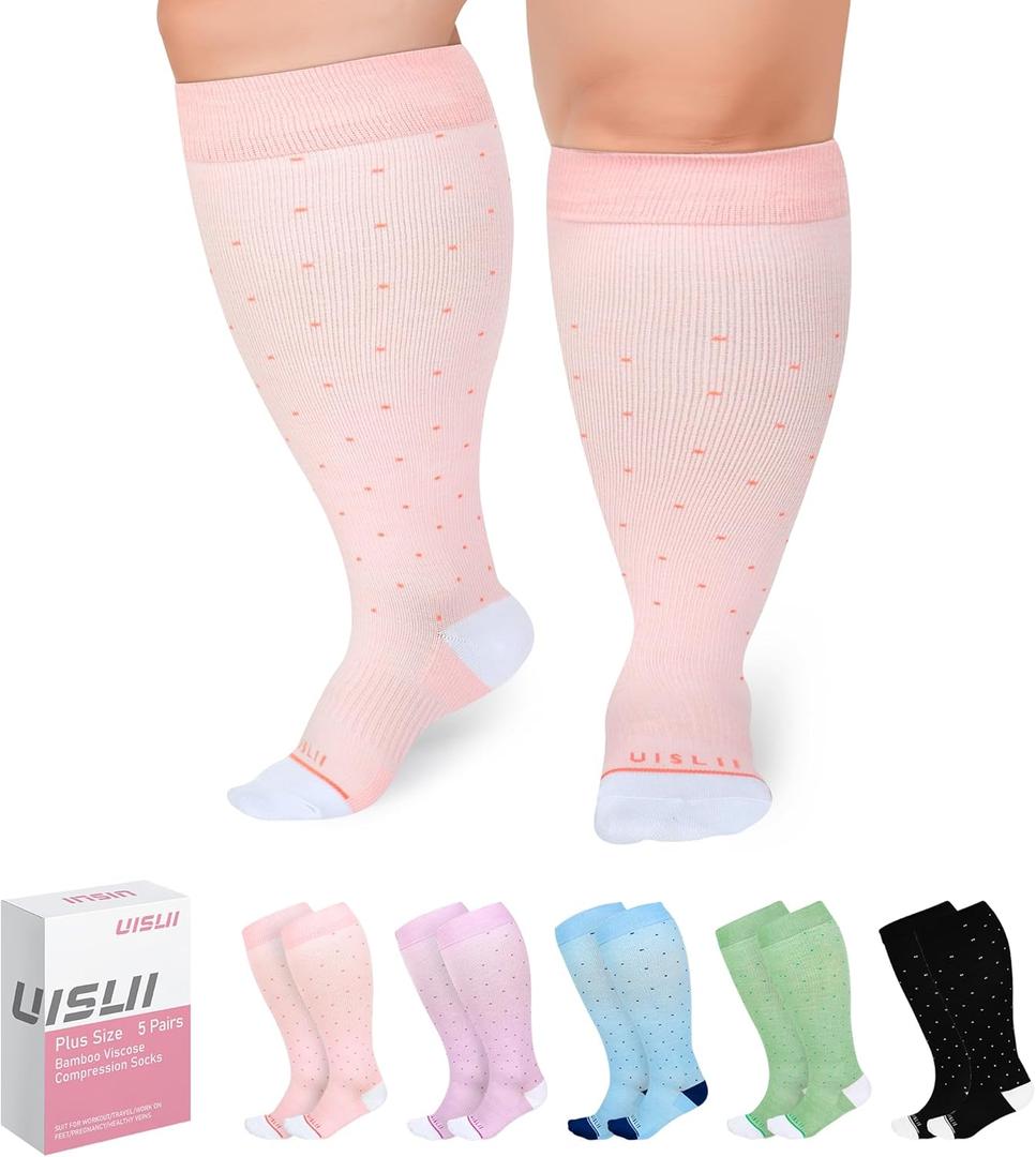 Plus Size Compression Socks Wide Calf Women Men,5 Pairs 20-30mmHg Extra Width Calf Viscose Knee High Compression Socks for Circulation Support (2XL, Black/Light Blue/Pink/Purple/Green)