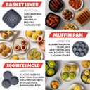 Gourmia Air Fryer Accessories Set - 3 Piece Silicone, Liner, Egg Bite Cooker, 7-Hole Cupcake Mold, BPA-Free, Nonstick, Heat Resistant 445F, Dishwasher Safe, Food Grade