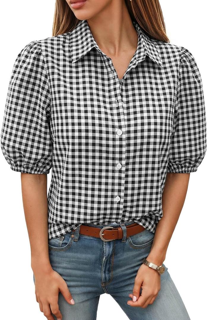 Tankaneo Women's Button Down Shirts Short Puff Sleeve Collared Dressy Casual Blouse Tops XX-Large, Black Plaid