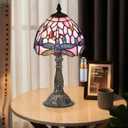 Tiffany Table Lamp,3 Color-Temperature Dragonfly Stained Glass Lamp,8 Inch Tiffany Style Lamp for Bedroom Living Room Home, Handcrafted Light, Included Bulb (Pink)