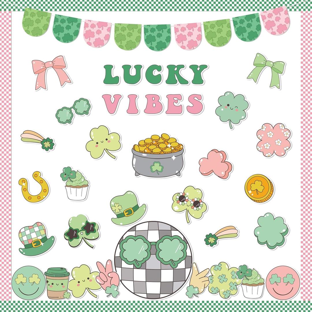 112Pcs St. Patricks Day Bulletin Board Classroom Decoration Lucky Vibe Cutouts Shamrock Clover Gold Coin Sticker Name Tags School Home Party Supplies Classroom Chalkboard Wall Door Decor