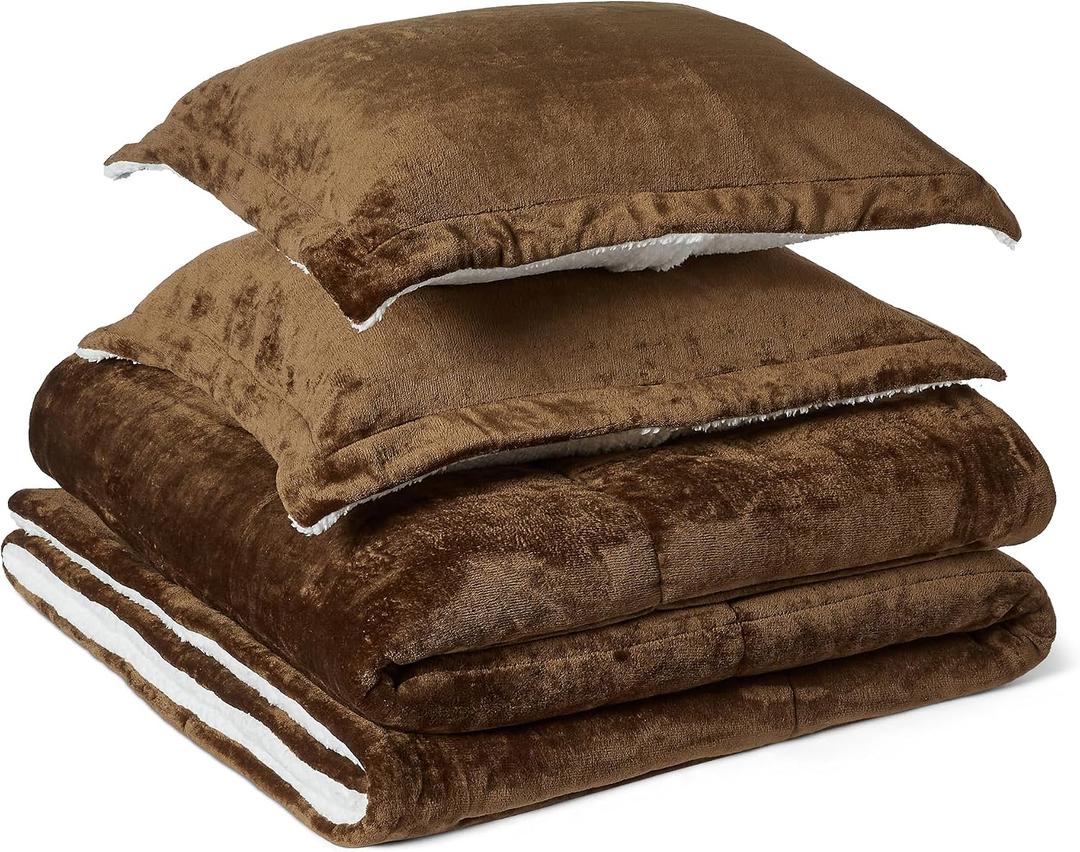 Amazon Basics Reversible Sherpa Comforter Set with Pillow Sham, Brown, King, Twin/Twin XL