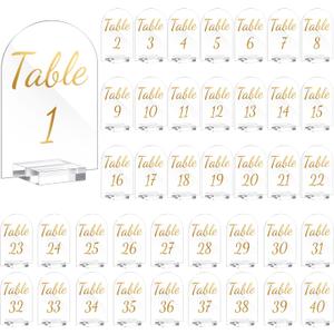 40 Pack 4 x 6 Inch Gold Acrylic Wedding Table Number 1-40 Clear Table Stand with Numbers Calligraphy Number Holders Signs for Wedding Reception Birthday Party Decorations