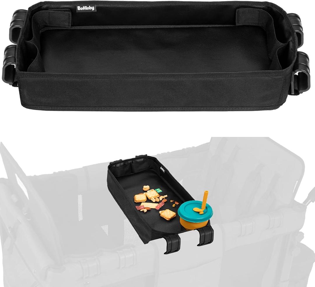 Double Sided Stroller Tray Fits for Wonderfold Wagon- Kids Snacks & Activities - Faux Leather Sides for Eating - 4 Cup Holders-W4 accessories, Easy to Use and Clean, Play On the Go (W4 Series)