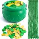 JOYIN 119 Pcs St. Patricks Party Supplies Set, 18 Bead Necklaces, 100 Plastic Coins and 1 Cauldron, St Patricks Day Party Favor Supply (Green Cauldron, Bead Necklace, Green and Gold Coins)